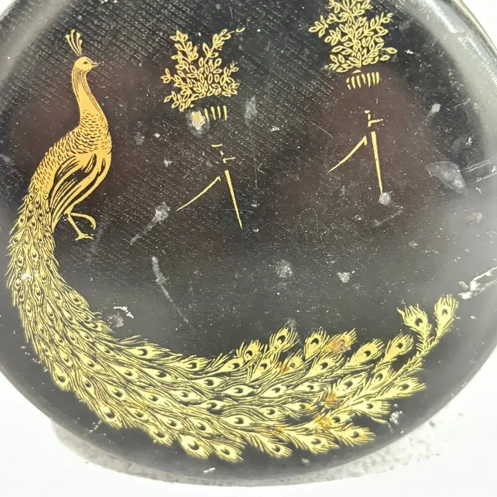 Vintage candy cookie biscuit tin black & gold peacock motif Art Deco storage